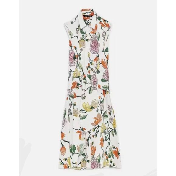 Zara White Floral Midi Shirt Dress Sleeveless Front Wrap Tie Cotton Summer Small - Picture 1 of 9